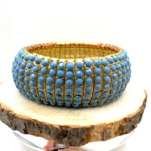 Bracelet Contemporary Gold Tone Aqua Blue Glass Rhinestone Stretch